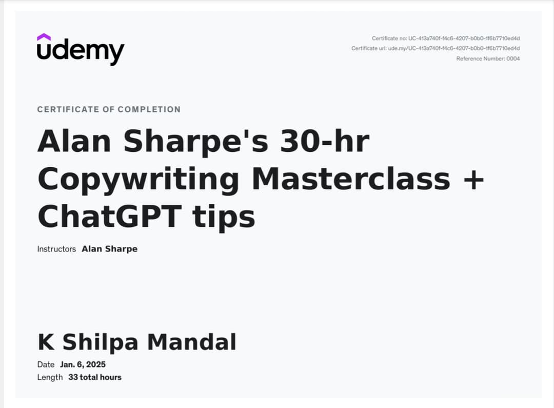 Certification Udemy  Copy writer master class + Chat GPT tips 