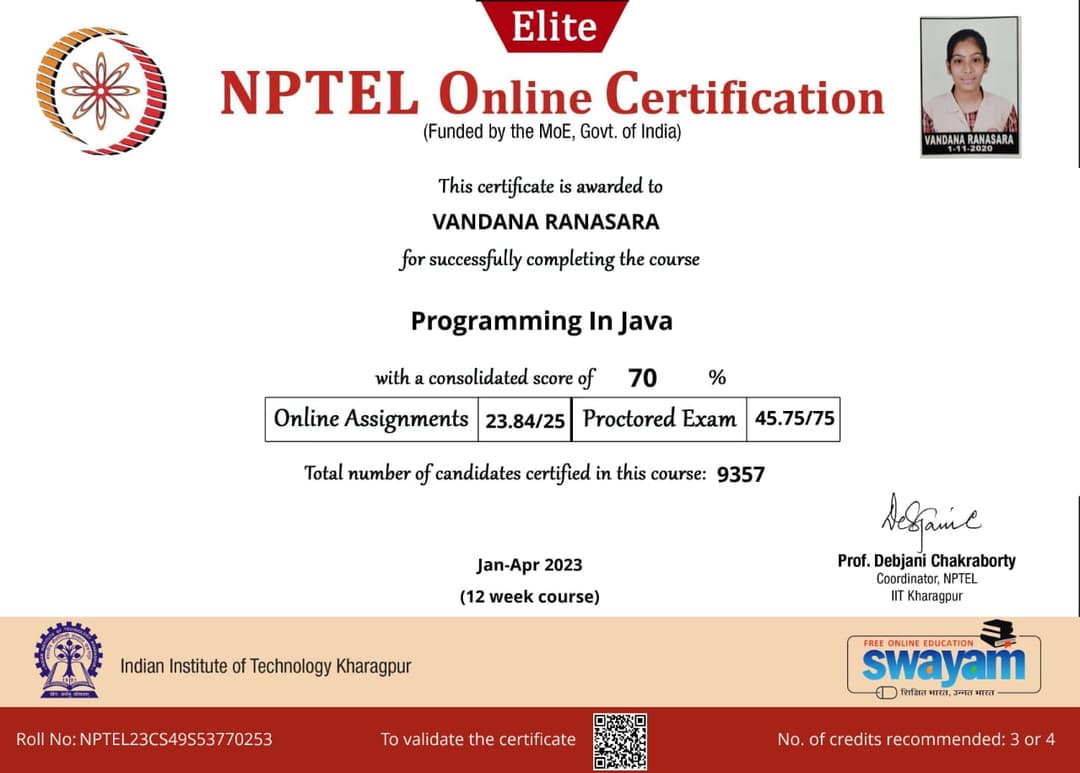 Certification NPTEL  Programming in Java 