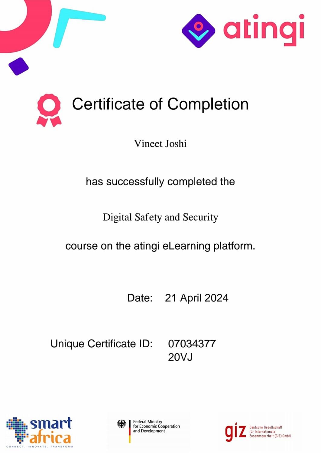 Certification Atingi eLearning Digital Safety and Security