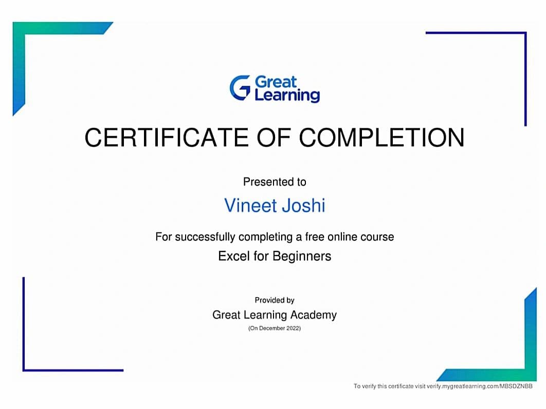 Certification Great Learning Academy Excel for Beginners