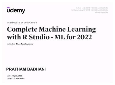 Certification Udemy  Machine Learning