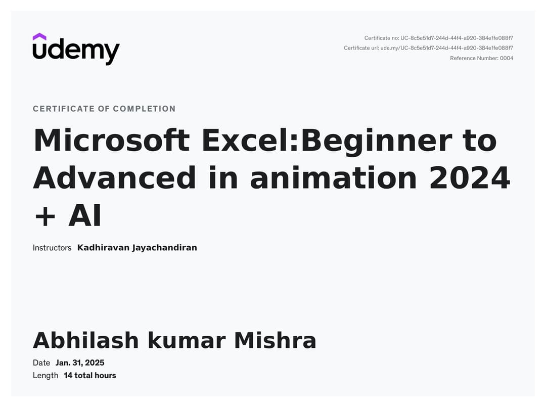 Certification Udemy  Microsoft Excel: Beginner to  Advance in animation 2024 + AI