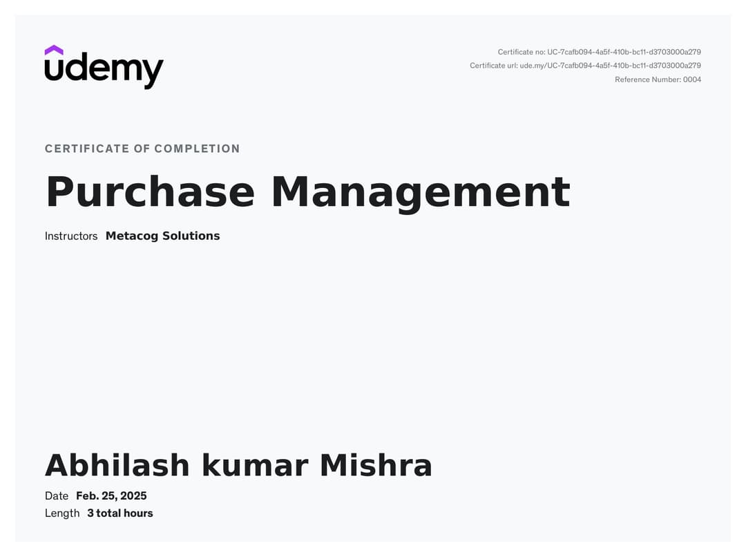 Certification Udemy  PURCHASE MANAGEMENT