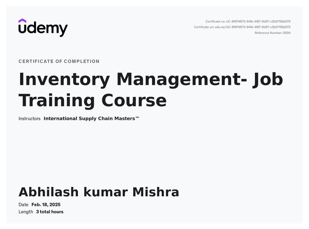 Certification Udemy  Inventory Management- Job Training Course