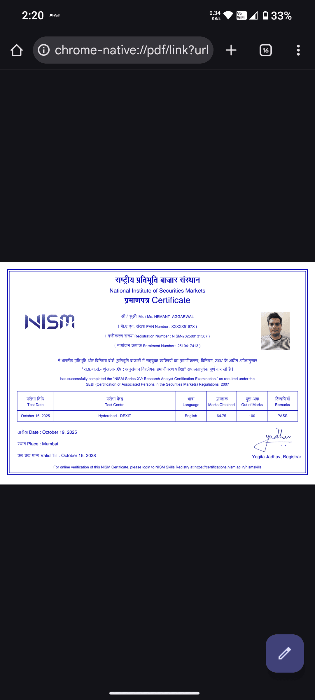 Certification National Institute of Securities Markets (NISM) Research analyst certification examination