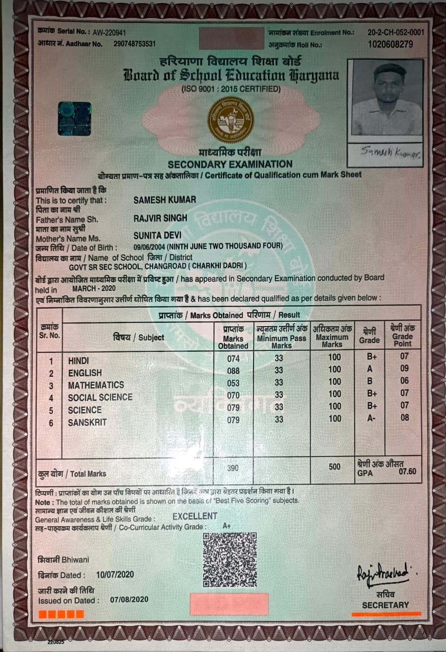 Certification Govt Sr Sec School Changroad 10th