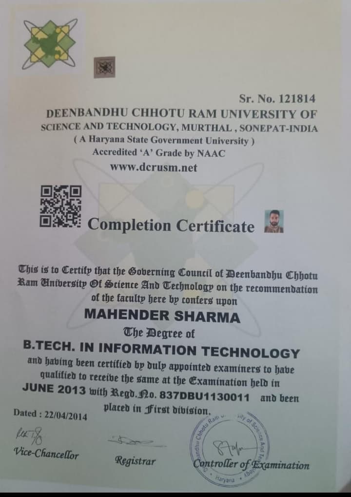 Certification Deenbandhu Chhotu Ram University of Science and Technology B.Tech in Informational Technology