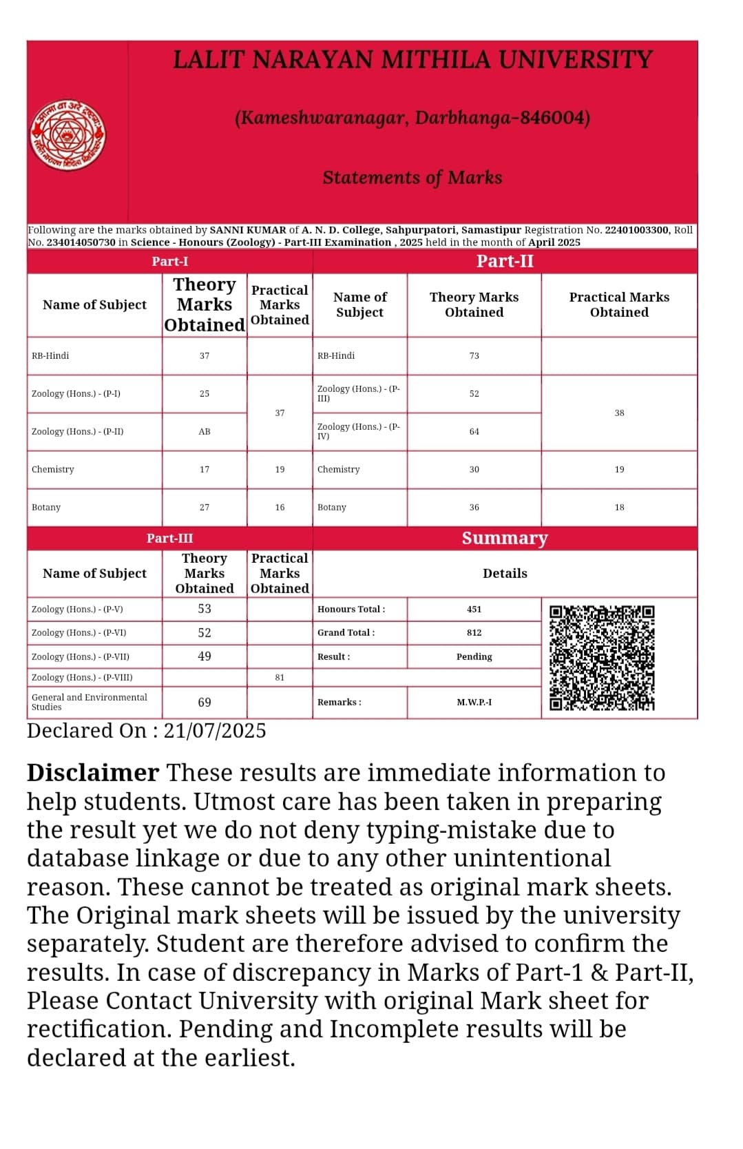 Certification Lalit Narayan Mithila University Bsc zology hon