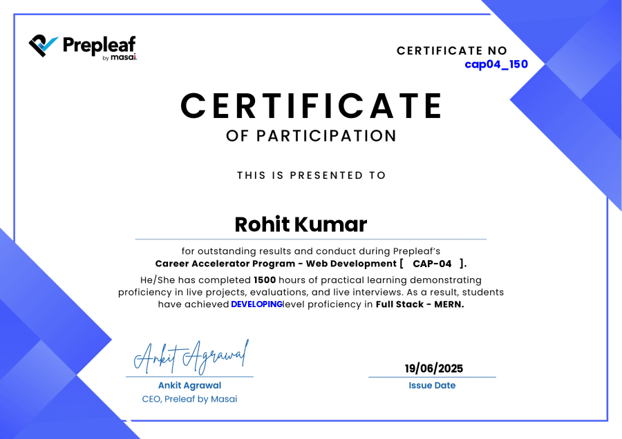 Certification Prepleaf by Masai web development