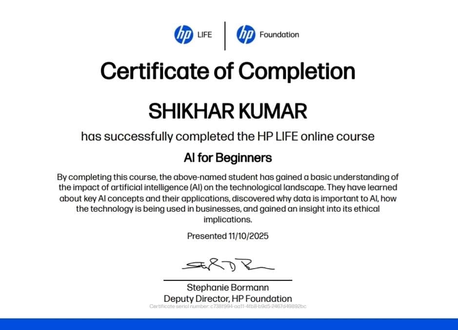 Certification Hp Ai for beginers