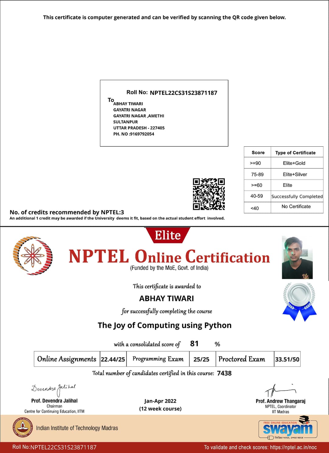 Certification NPTEL The joy of computing using Python