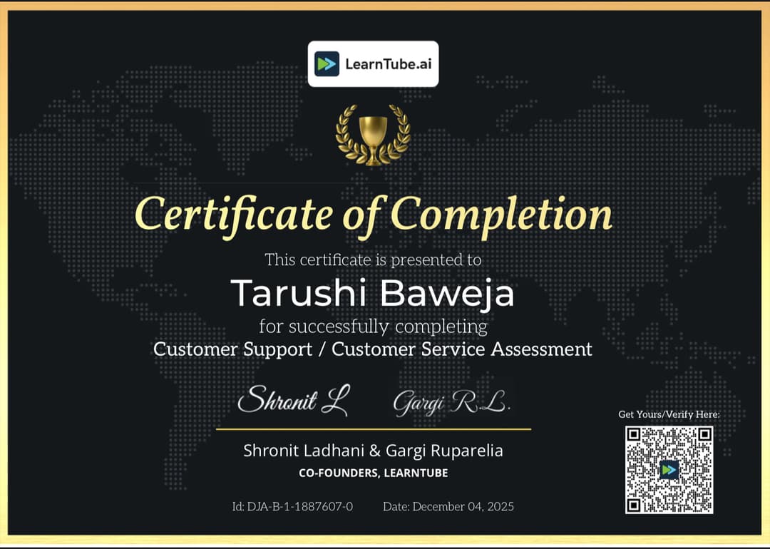 Certification LearnTube.ai Customer Support / Customer Service Assessment