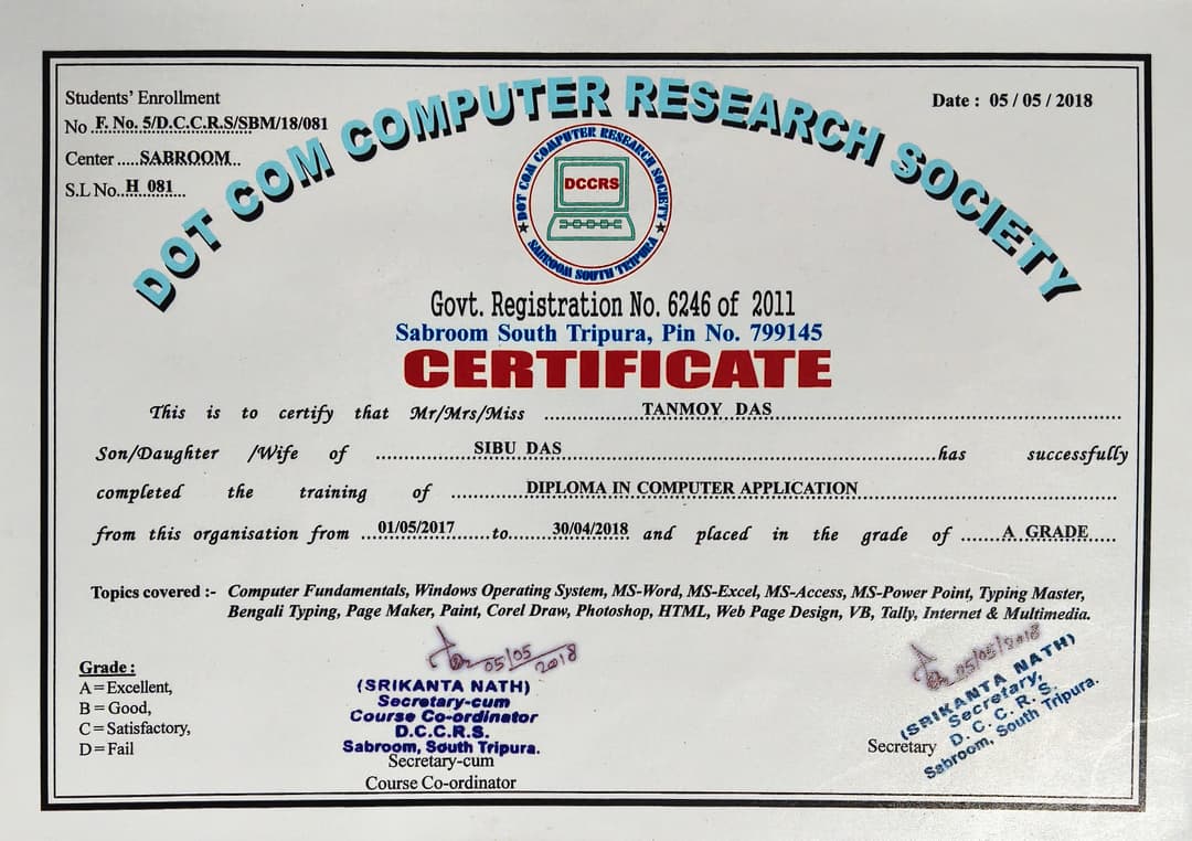 Certification Dot com computer research society Diploma in computer application