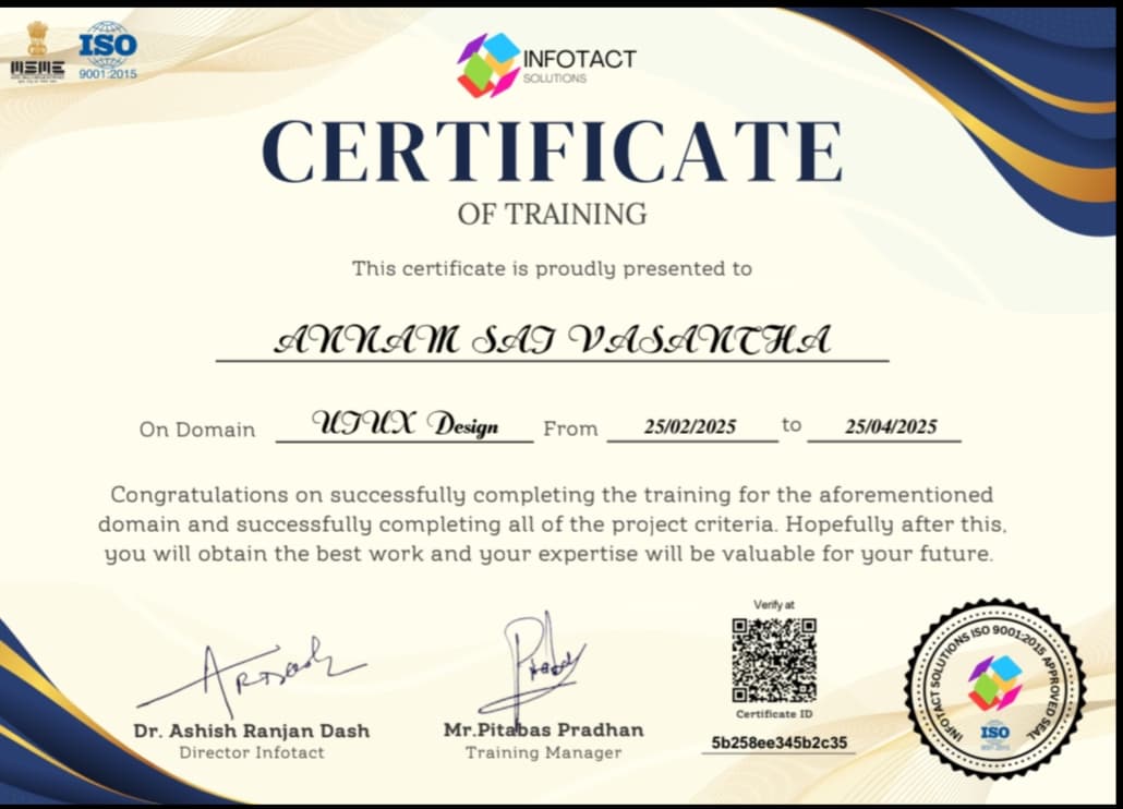 Certification Infotact solutions UI / UX Design