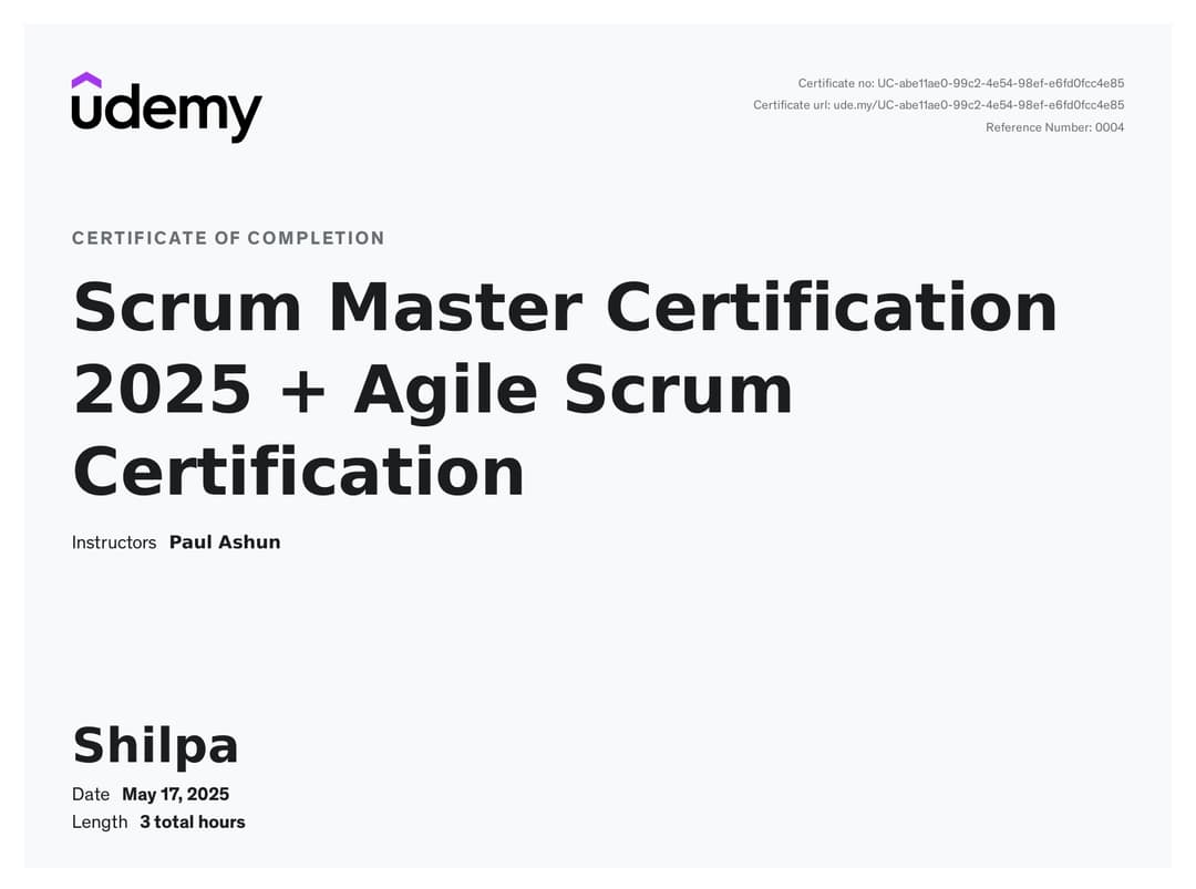 Certification Udemy Scrum master Certification