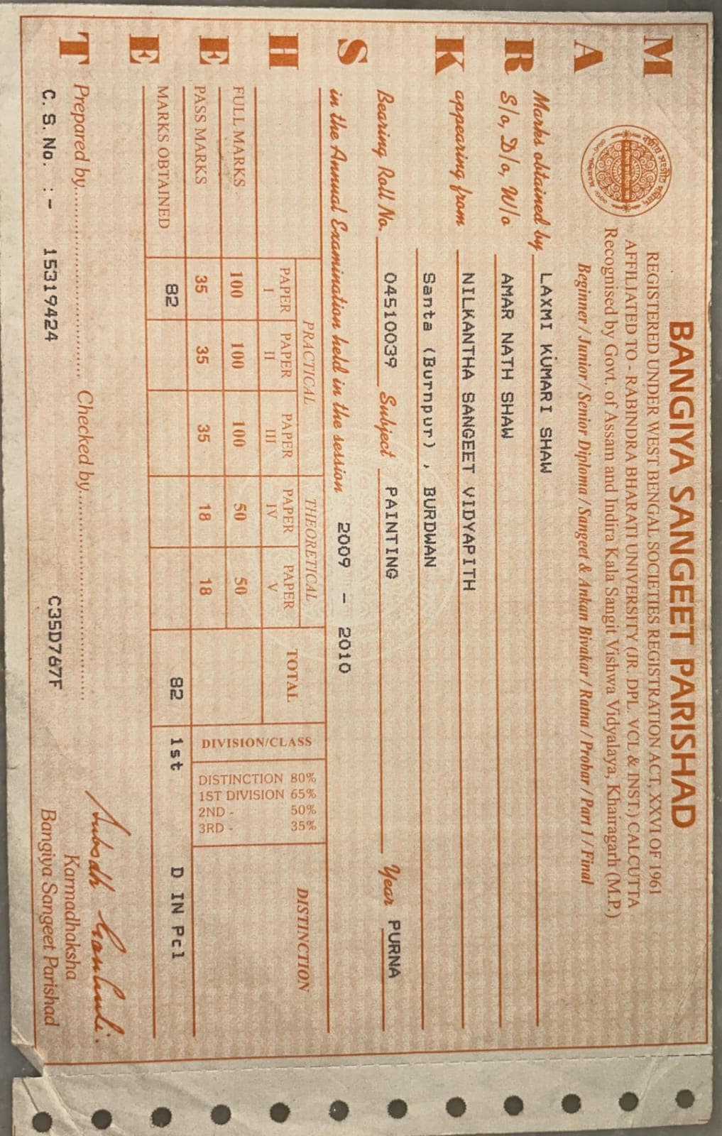 Certification Bangiya Sangget Parishad Painting