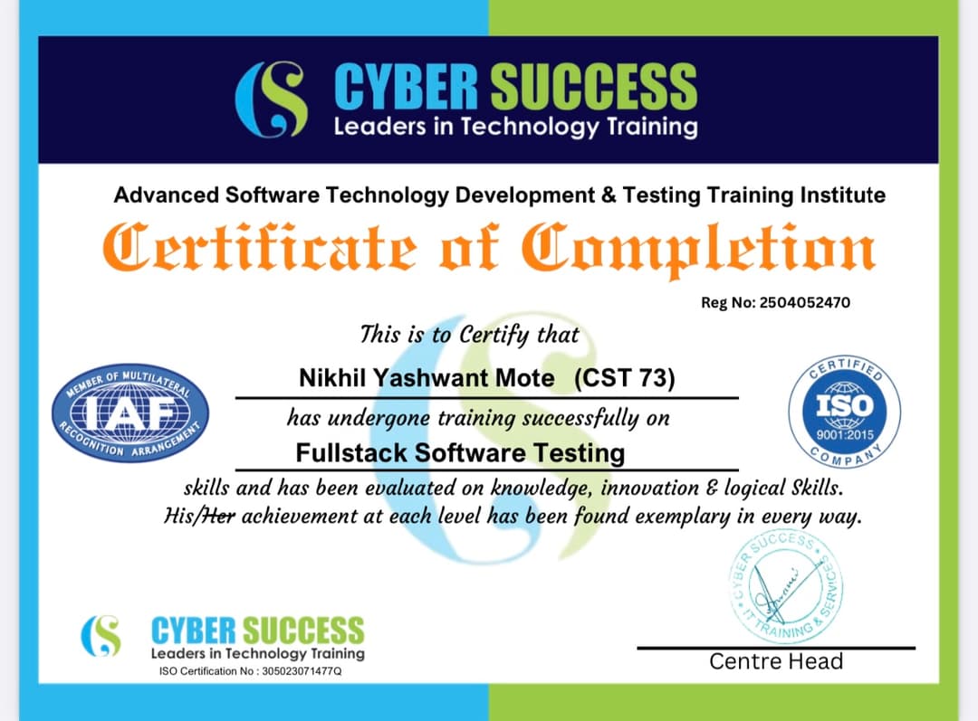Certification Cyber Success Pvt. ltd Software Testing and Automation