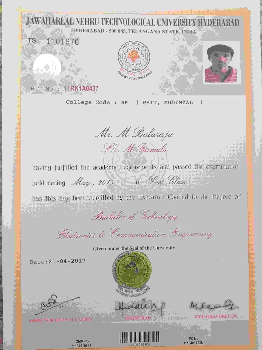 Certification Jntuh Btech in electronics and communication engineering