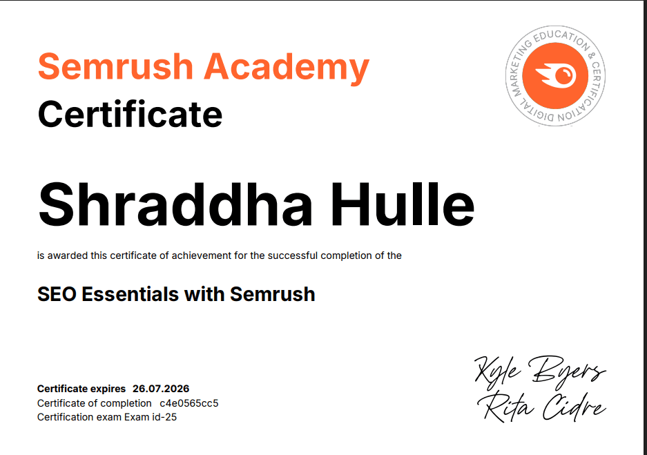 Certification Semrush Academy SEO Essentials with Semrush