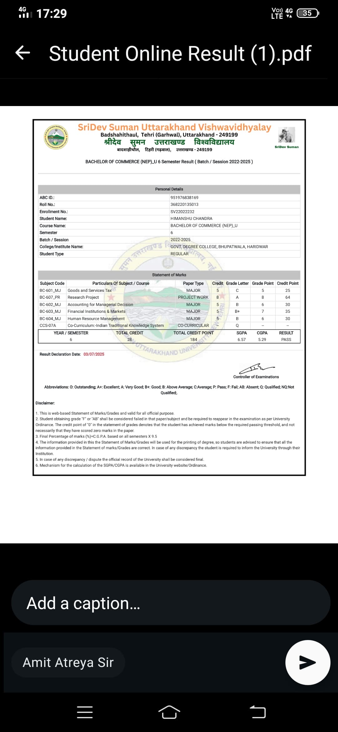Certification Sri Dev Suman Uttarakhand University B.com