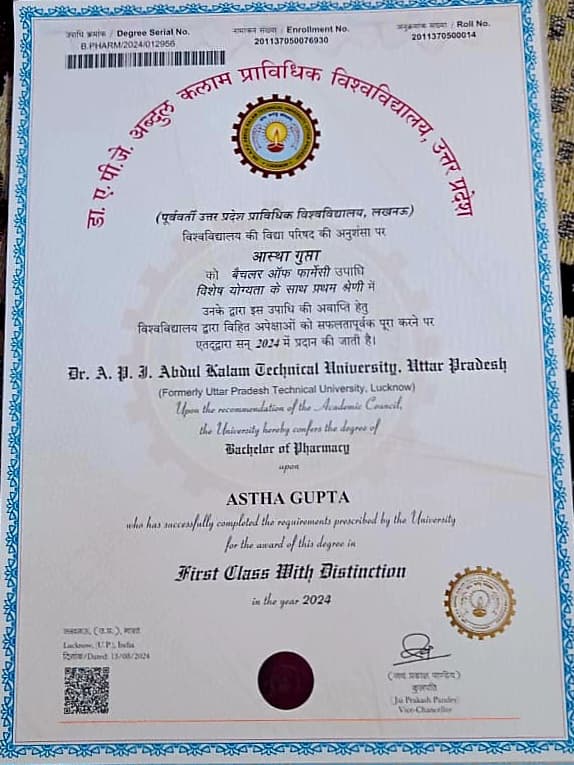 Certification Dr. A.P.J. Abdul Kalam Technical University B.pharmacy