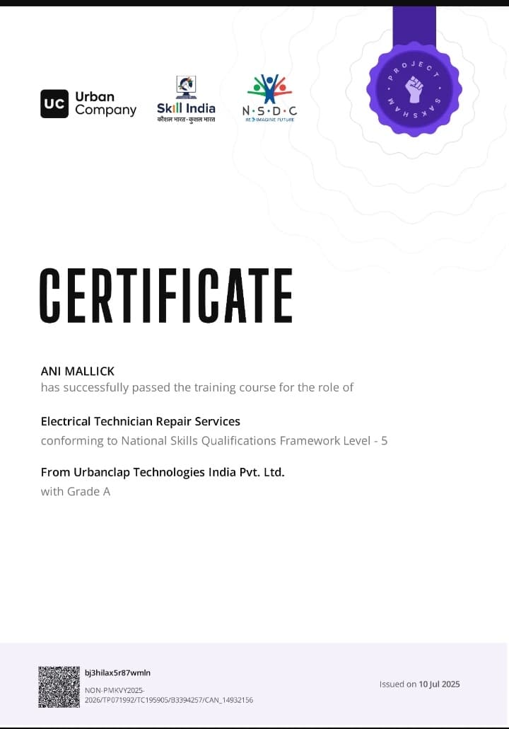 Certification SKILL INDIA Electrical Technician Repair Services
