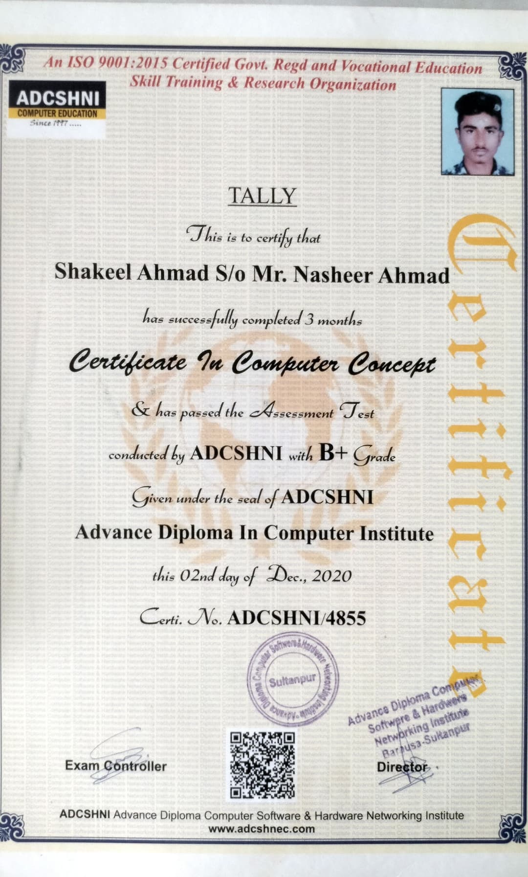 Certification ADCSHNI computer Education Tally ERP 9