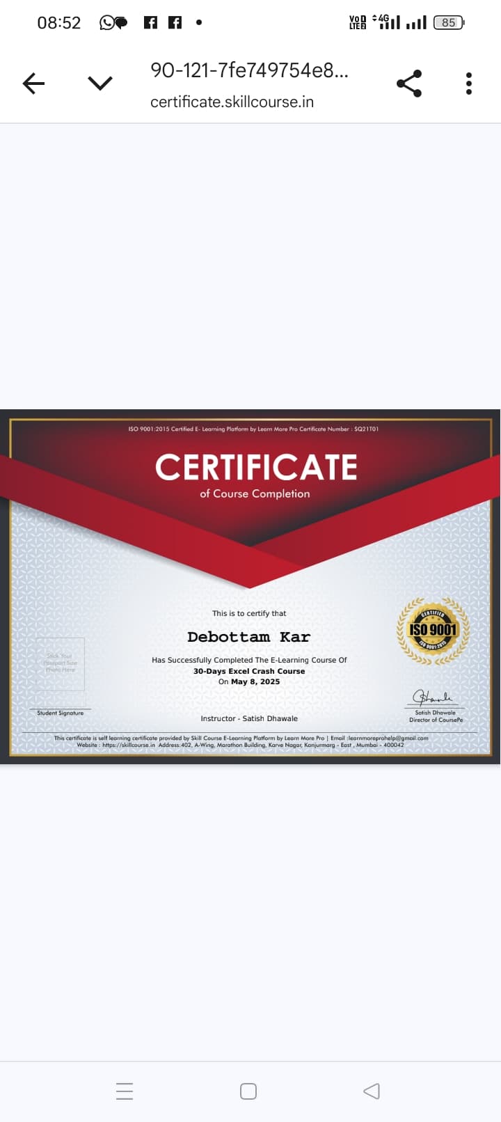 Certification Course pay Crash course on Advanced excel