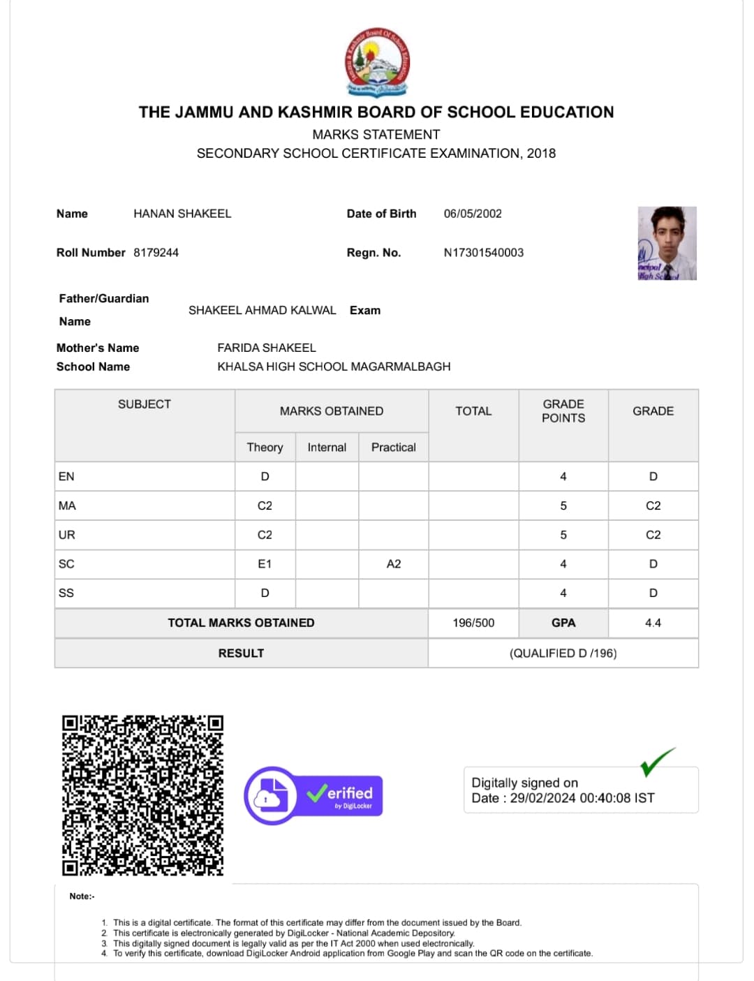 Certification Khalsa high school 10th