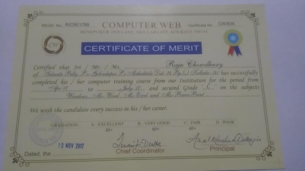 Certification Computer web Basics of computer application