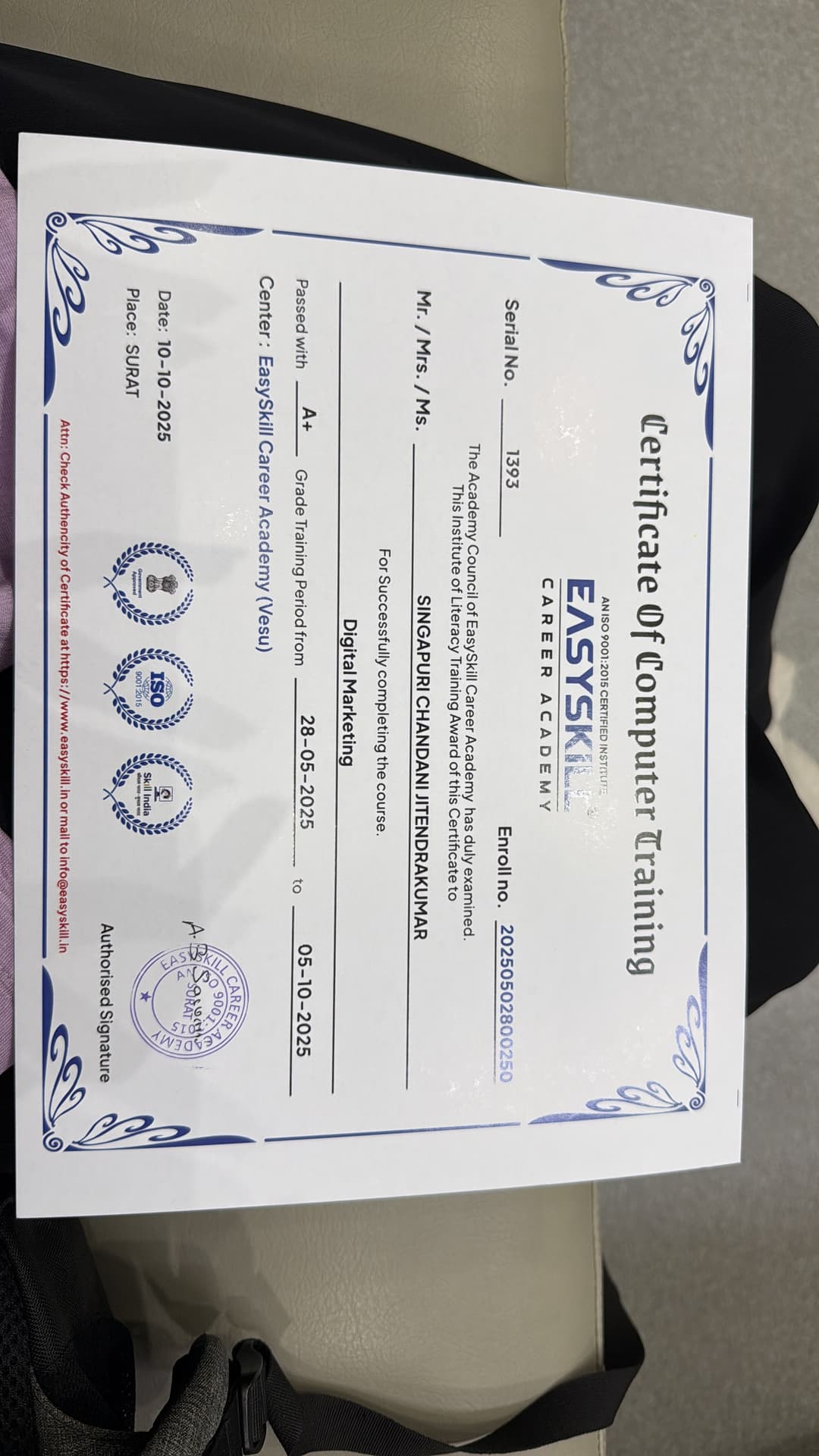 Certification Easyskill career academy Digital Marketing