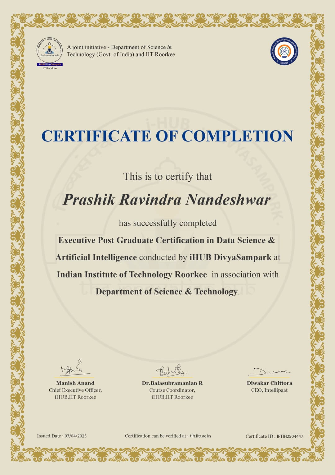 Certification Indian Institute of Information Technology, Roorkey Executive Post Graduate Certification in Data Science Artificial Intelligence