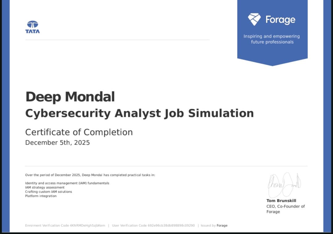 Certification Tata (via Forage) Cybersecurity Analyst Job Simulation