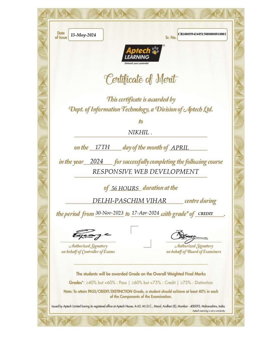 Certification Aptech Computer Education Responsive Website Development and Design