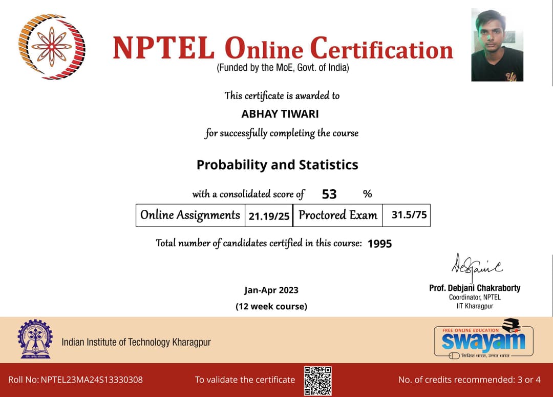 Certification NPTEL Probability and Statistics