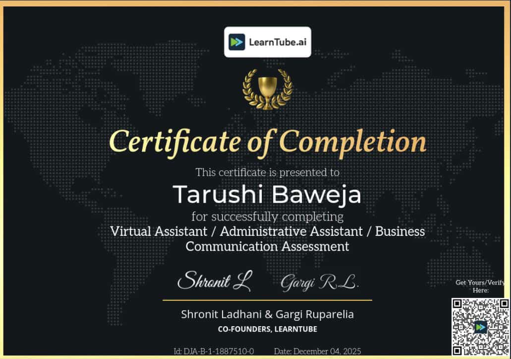 Certification LearnTube.ai Virtual Assistant / Administrative Assistant / Business Communication Assessment