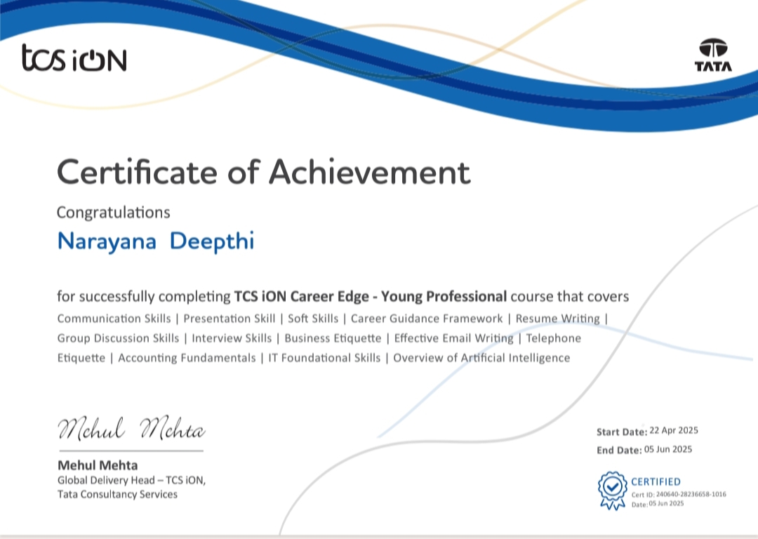 Certification Tata Group TCS ION Career Edges Young Professional Course