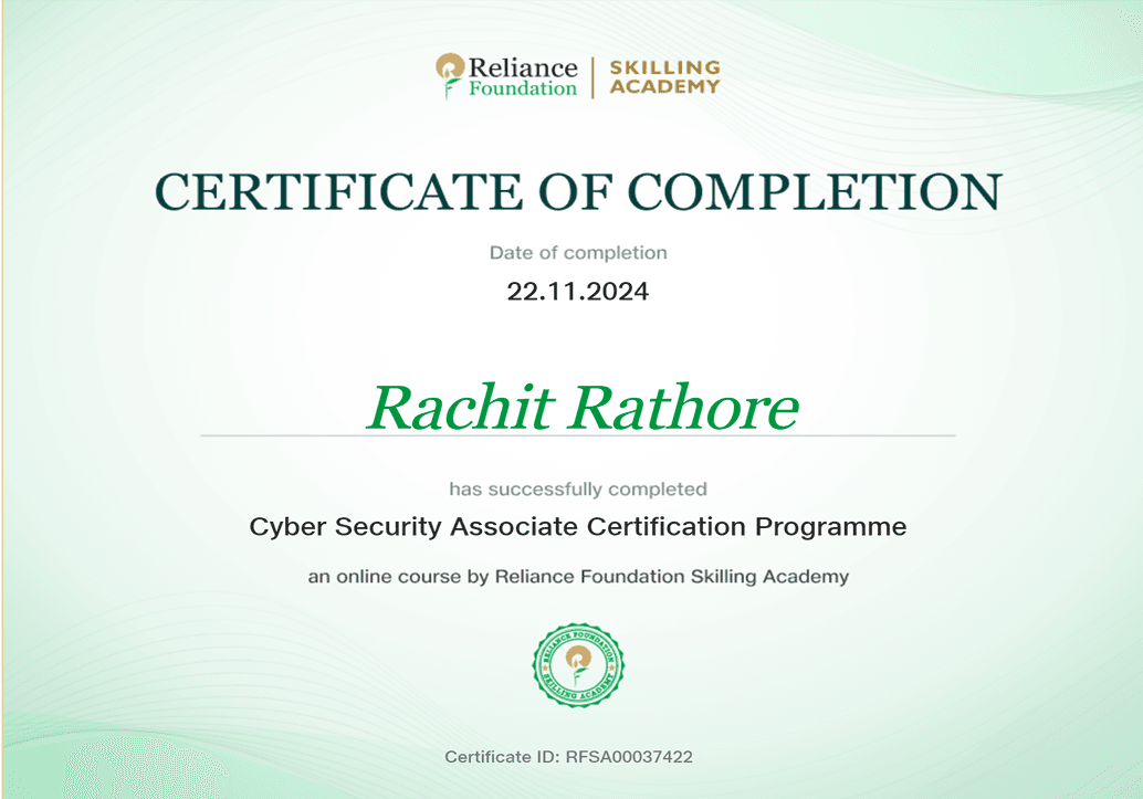 Certification RELIANCE ACADEMY Cyber Security Associate Certification Programme