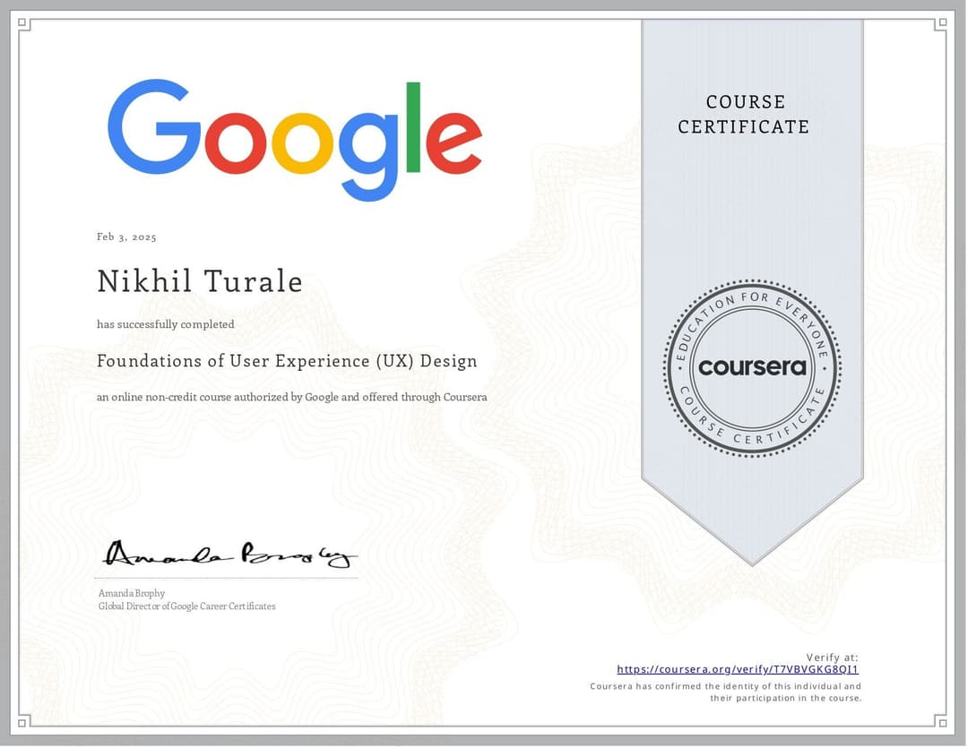 Certification google UI/UX Certification Completion Certificate for Foundations of User Experience (UX) Design