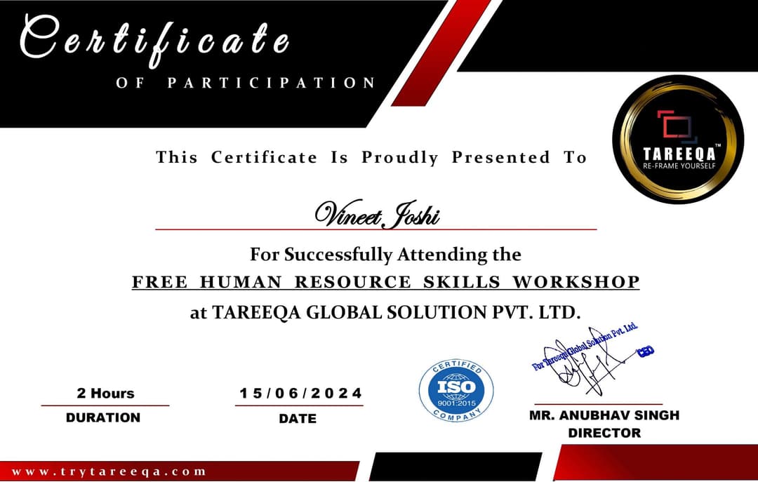 Certification Tareeqa Global Solution Pvt. Ltd. HR Skills