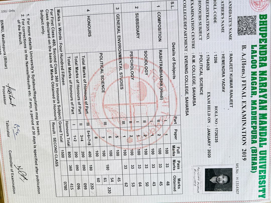 Certification Bhupendra Narayan Mandal University B.A.