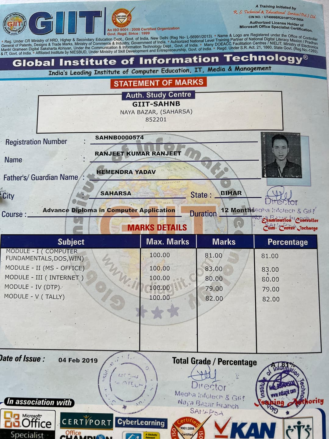 Certification Global institute of information technology Computer ADCA