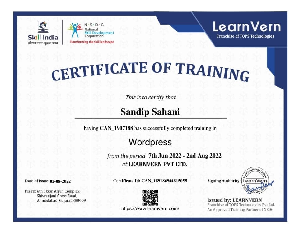 Certification National Skill Development Wordpress