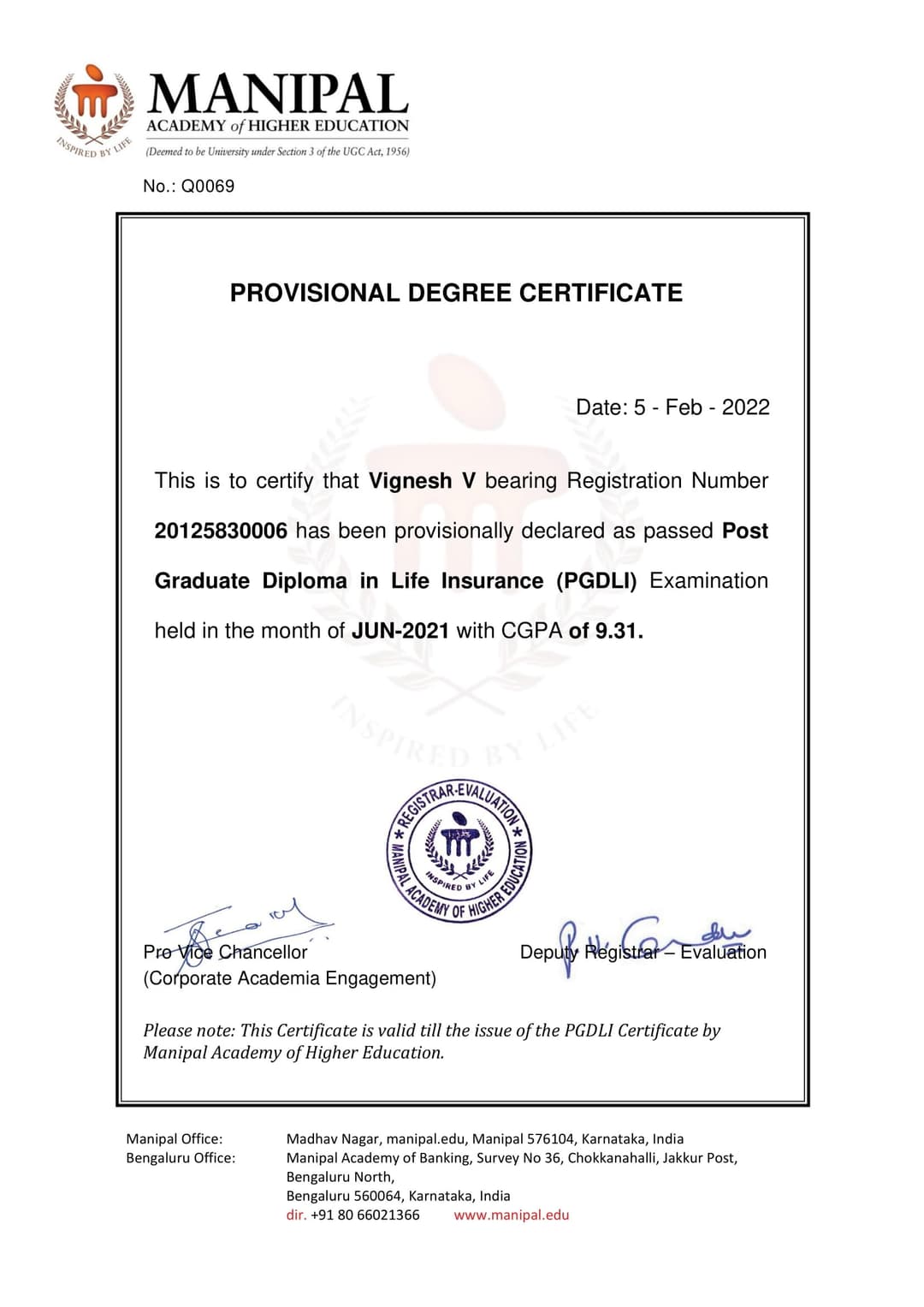 Certification Manipal Academy of Higher Education Post Graduate Diploma in Life Insurance
