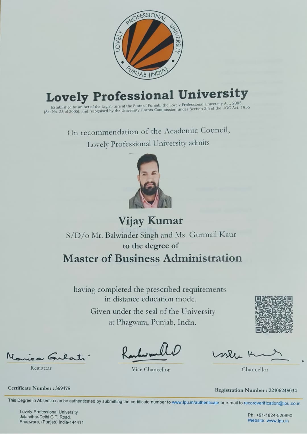 Certification Lovely Professional University (Phagwara, Punjab) "MBA"marketing