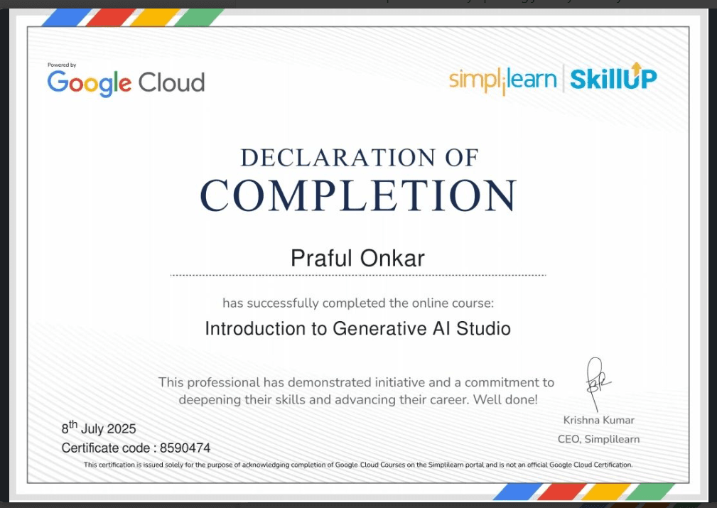 Certification Simplilearn Introduction to Generative AI Studio by google Cloud