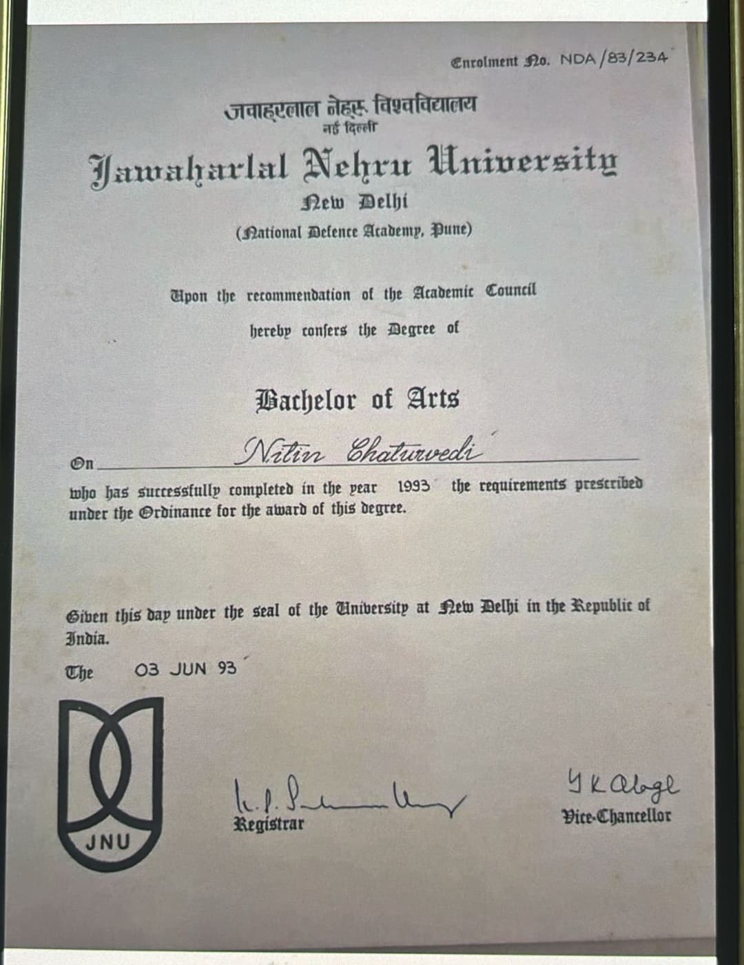 Certification NATIONAL DEFENSE ACADEMY JNU 'Bachelor of arts