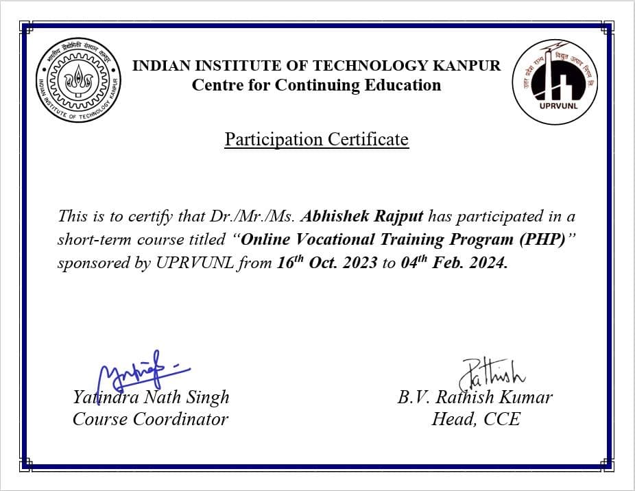 Certification IIT kanpur PHP Summer Vocational Training