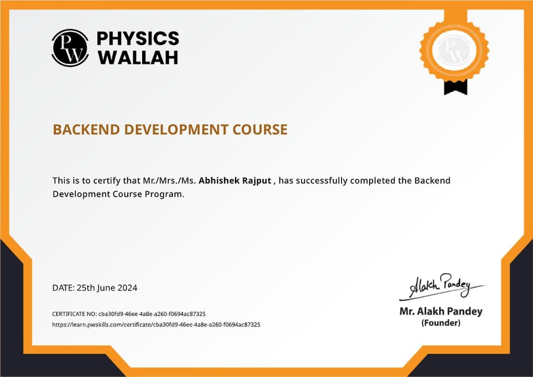 Certification PHYSICS WALLAH Backend Development Course