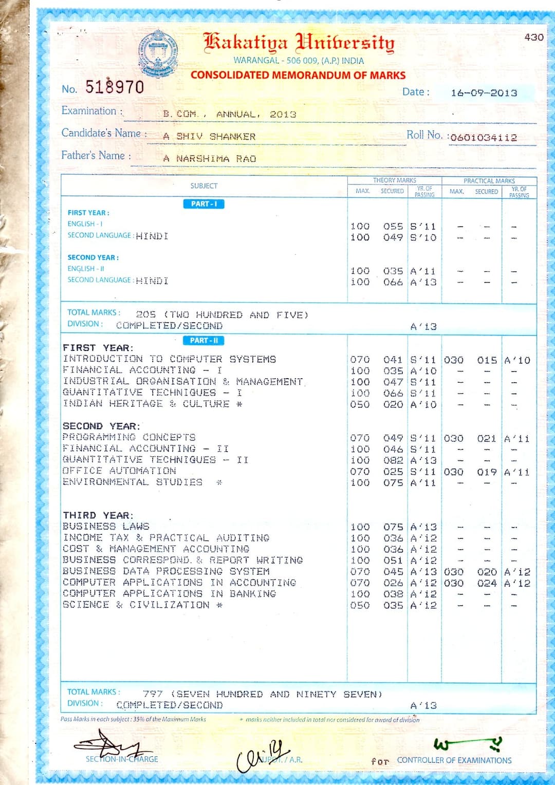 Certification Kakatiya University BCOM(COMP)